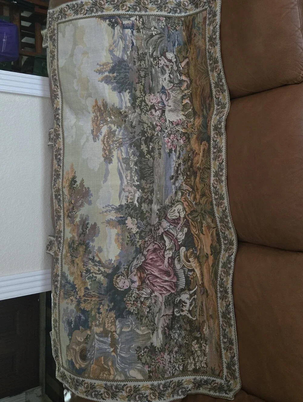 Vintage Tapestry Wall Hanging in Pink, Green and Blue